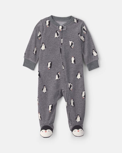 baby boy penguin fleece 2-way zip sleep & play pajamas - grey