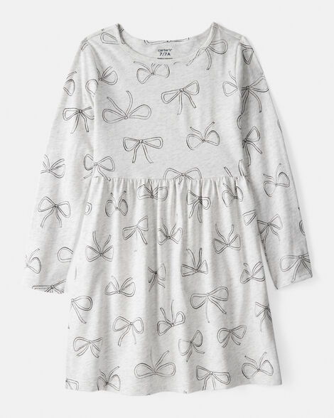 girls bow print long sleeve cotton dress - grey