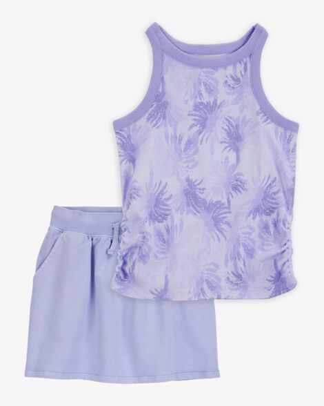  Product image 1 of Kid 2-Piece Tropical Print Ribbed Tank Top & Active Drawstring Skort Set - Purple