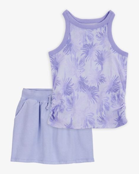Product image 1 of Kid 2-Piece Tropical Print Ribbed Tank Top & Active Drawstring Skort Set - Purple