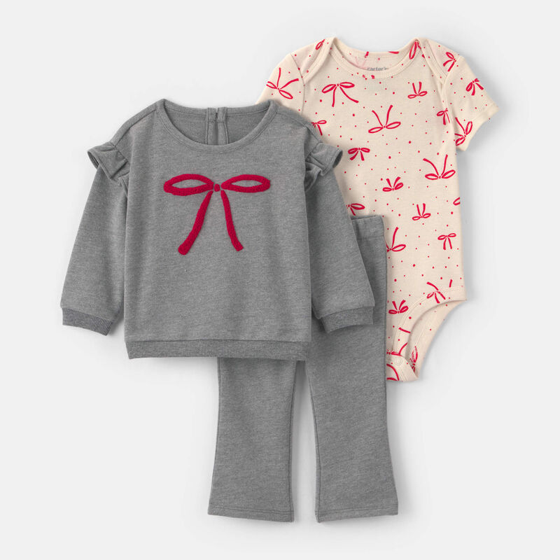 Baby Girl 3-Piece Bow French Terry Layering Set - Grey/Cream