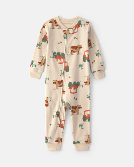 baby boy 1-piece farm 2-way zip 100% cotton snug fit pajama - cream