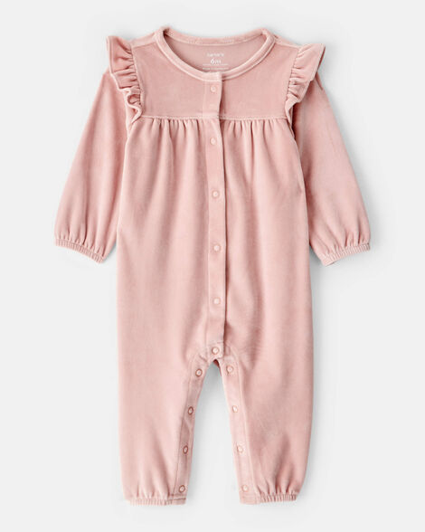 baby girl velour long-sleeve jumpsuit - pink