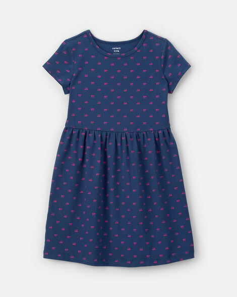 girls bow short-sleeve dress - navy blue