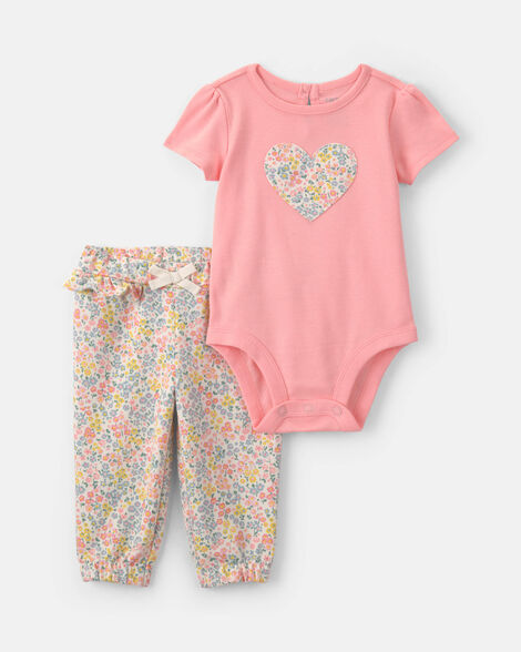 baby girl 2-piece floral heart short-sleeve bodysuit & pant set - coral