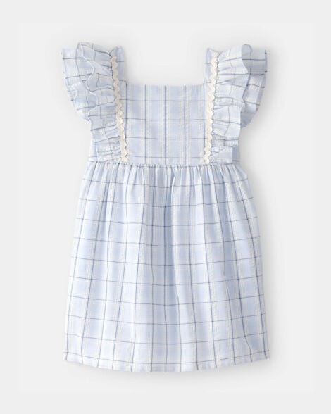 toddler girl ruffle-sleeve gingham dress - blue/white