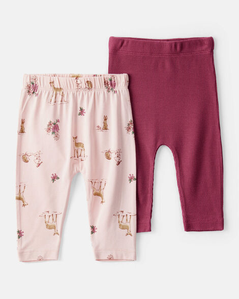 baby girl 2-pack deer & floral print purelysoft pull-on pants - burgundy/pink