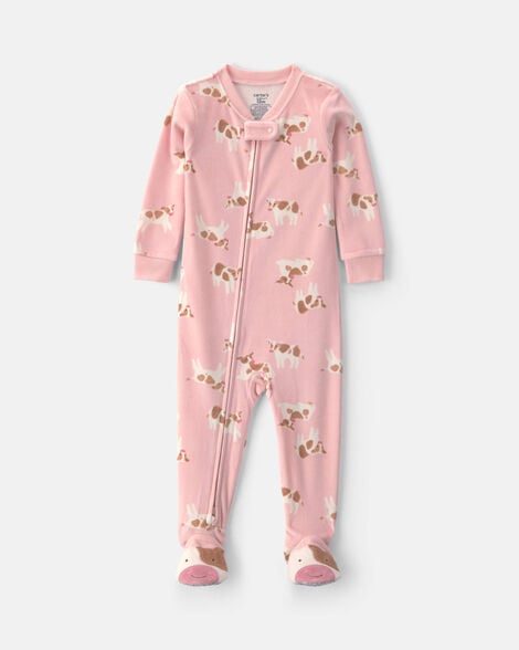 baby girl 1-piece cow 2-way zip dreamplush snug fit footed pajama - pink