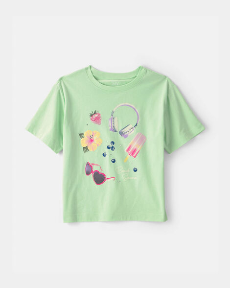 girls 'beach season' summer oversized graphic tee - green
