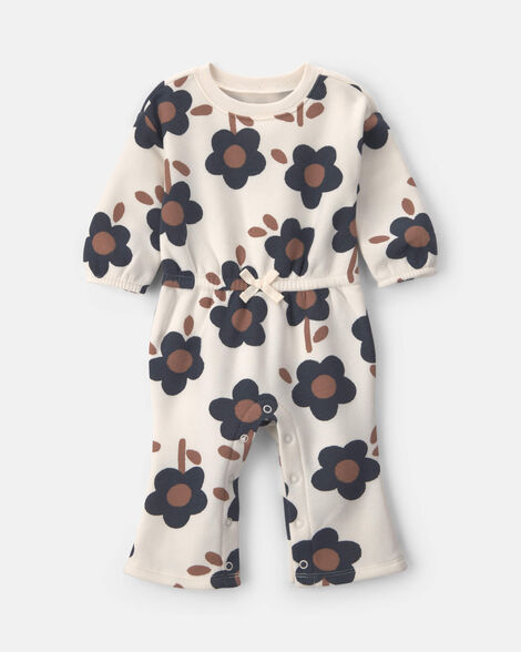 baby girl floral fleece long-sleeve jumpsuit - cream/black/brown