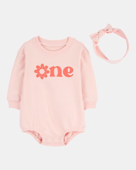 baby girl 2-piece birthday bubble & headwrap set - pink