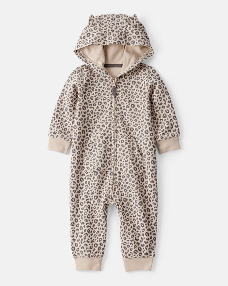 Product image 1 of Baby Girl Cat Leopard Print Cotton Long-Sleeve Hooded Jumpsuit - Brown