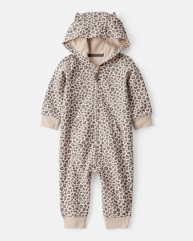 Product image 1 of Baby Girl Cat Leopard Print Cotton Long-Sleeve Hooded Jumpsuit - Brown