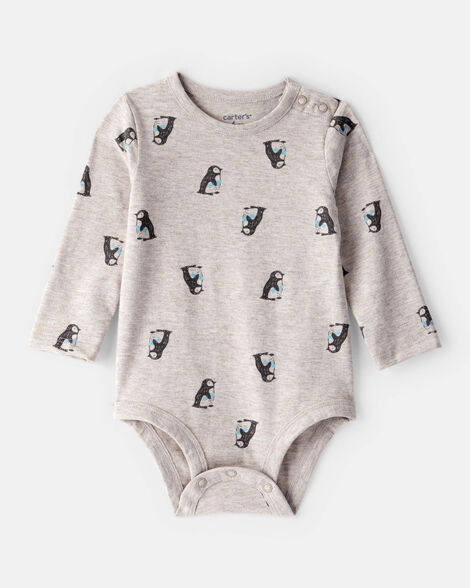 baby penguin print long-sleeve graphic bodysuit - grey