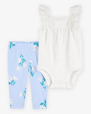 Baby Floral Print Ribbed Short-Sleeve Romper - Blue