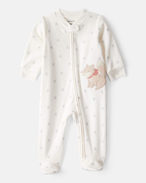 baby girl fox sparkle print loose fit long-sleeve sleep & play pajamas - white