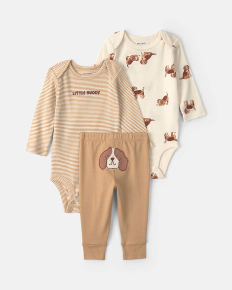 baby boy 3-piece dog long-sleeve bodysuit & pant set - brown/cream
