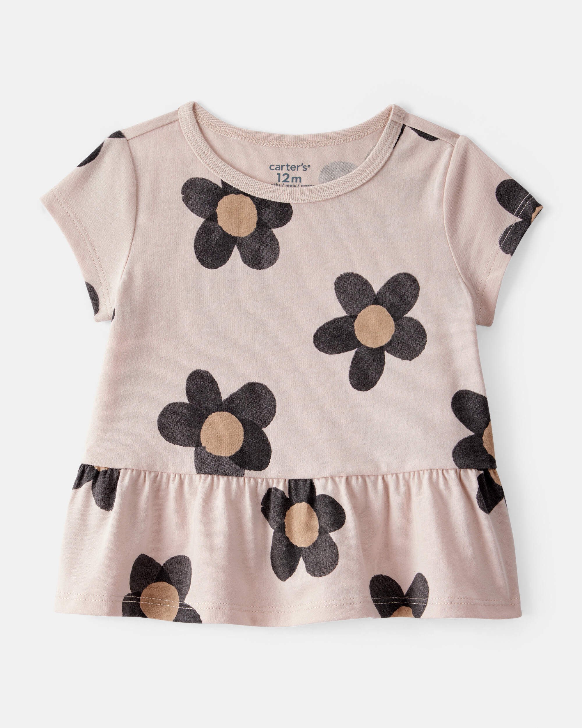 Baby Girl Flower Print Short-Sleeve Peplum Top - Tan