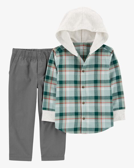 Product image 1 of Toddler 2-Piece Plaid Hooded Button-Front & Pant Set
