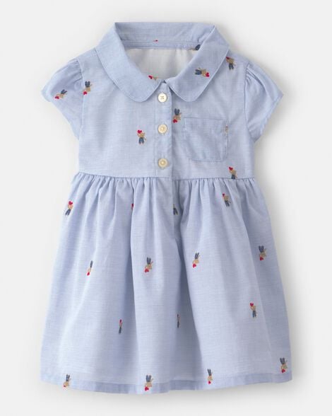 Baby Girl Bear-Print Cotton Short-Sleeve Dress - Blue