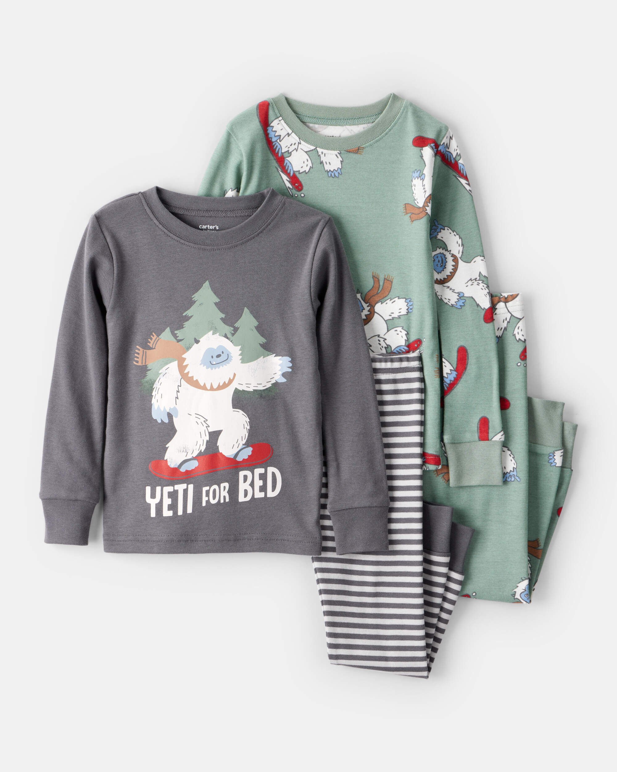 Toddler Boy Yeti Print 100% Cotton Long-Sleeve Snug Fit 4-Piece Pajamas - Grey/Green