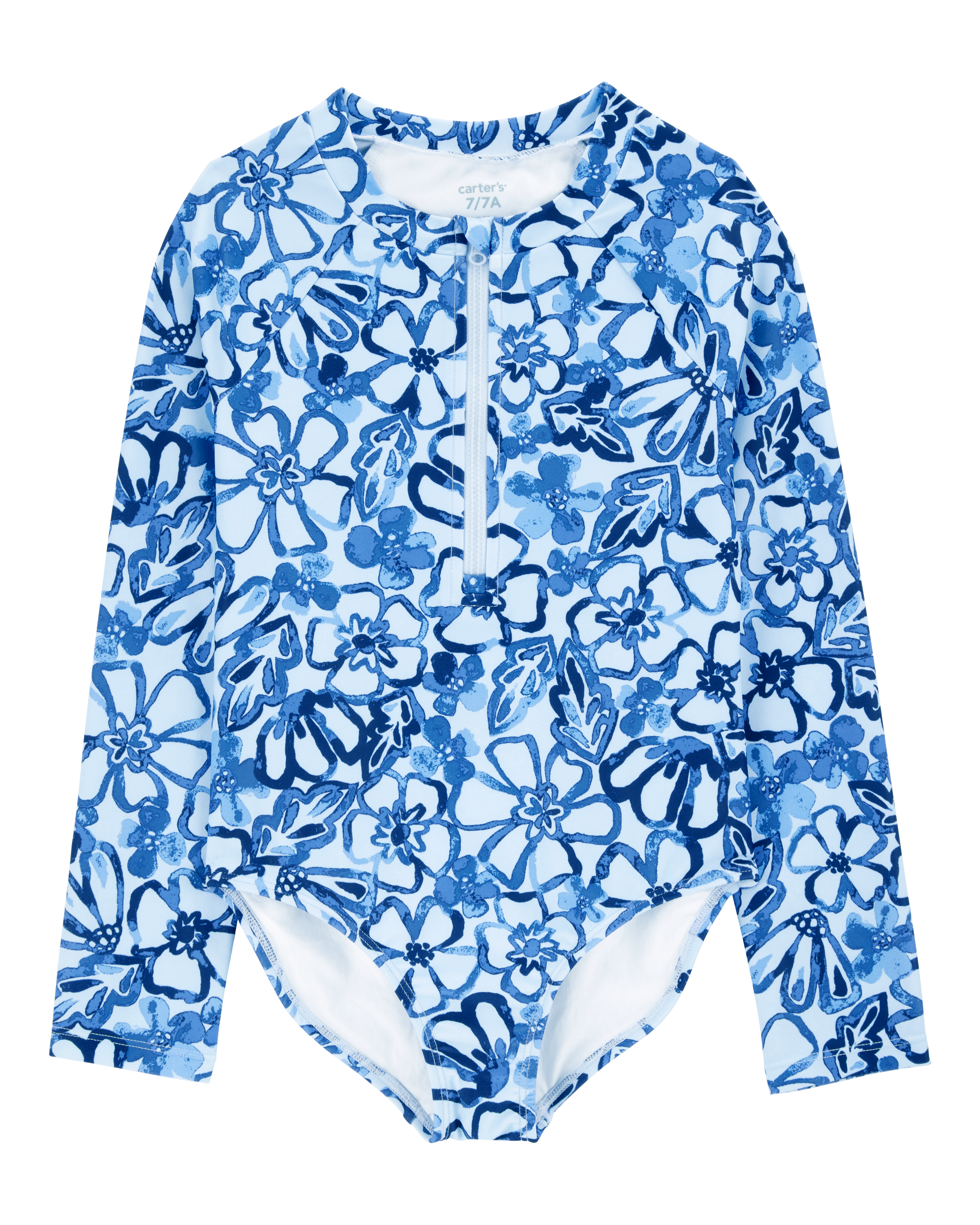 Kid 1- Piece Floral Long-Sleeve Rashguard Swimsuit - Blue
