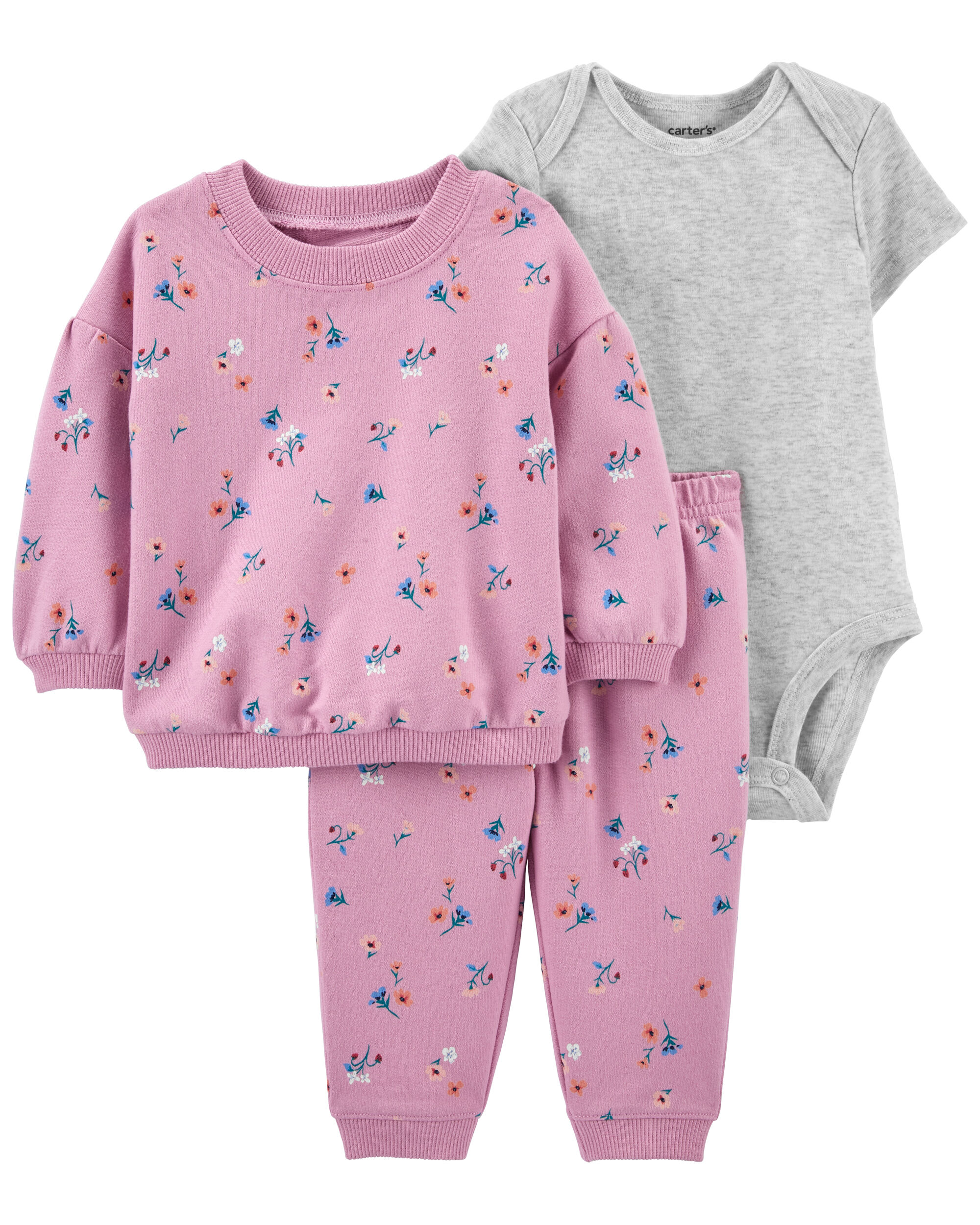 Pink/Heather Baby 3-Piece Floral 
