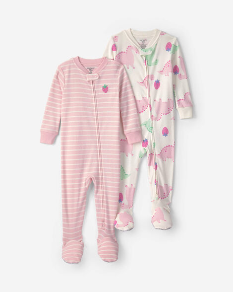 toddler girl 2-pack dinosaur & strawberry striped 100% cotton snug fit 1-piece pajama - pink/cream