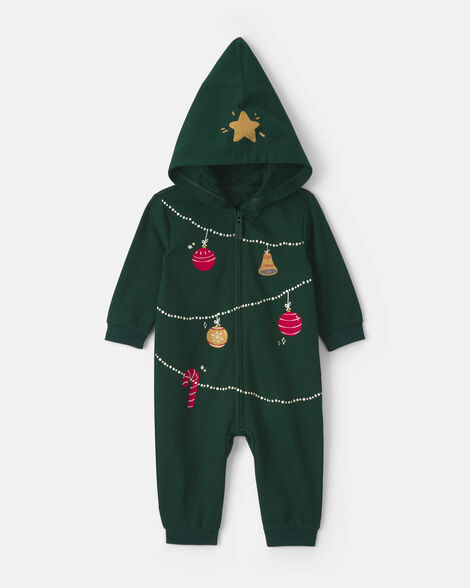 baby christmas tree french terry long-sleeve jumpsuit - green
