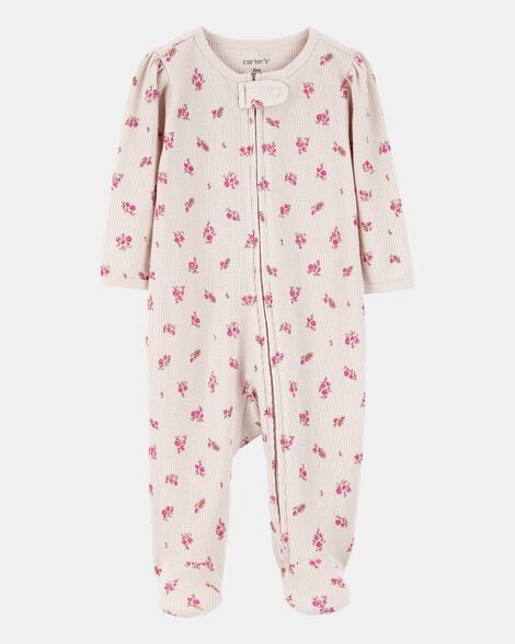 baby girl floral 2-way zip waffle knit sleep & play pajamas - khaki