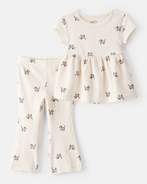 baby 2-piece dog print ribbed tee & pull-on pant set - ivory