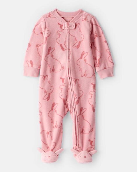 baby girl bunny print fleece long-sleeve loose fit sleep & play pajamas - pink