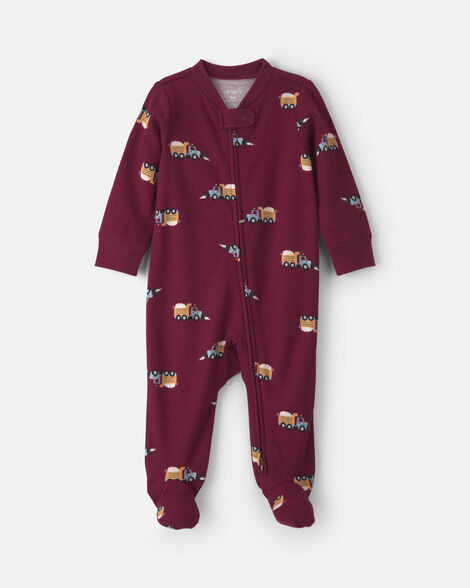 baby boy construction truck 100% cotton 2-way zip sleep & play pajamas - burgundy
