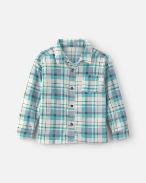 Boys Plaid Fleece Long-Sleeve Button-Down Shirt - Blue