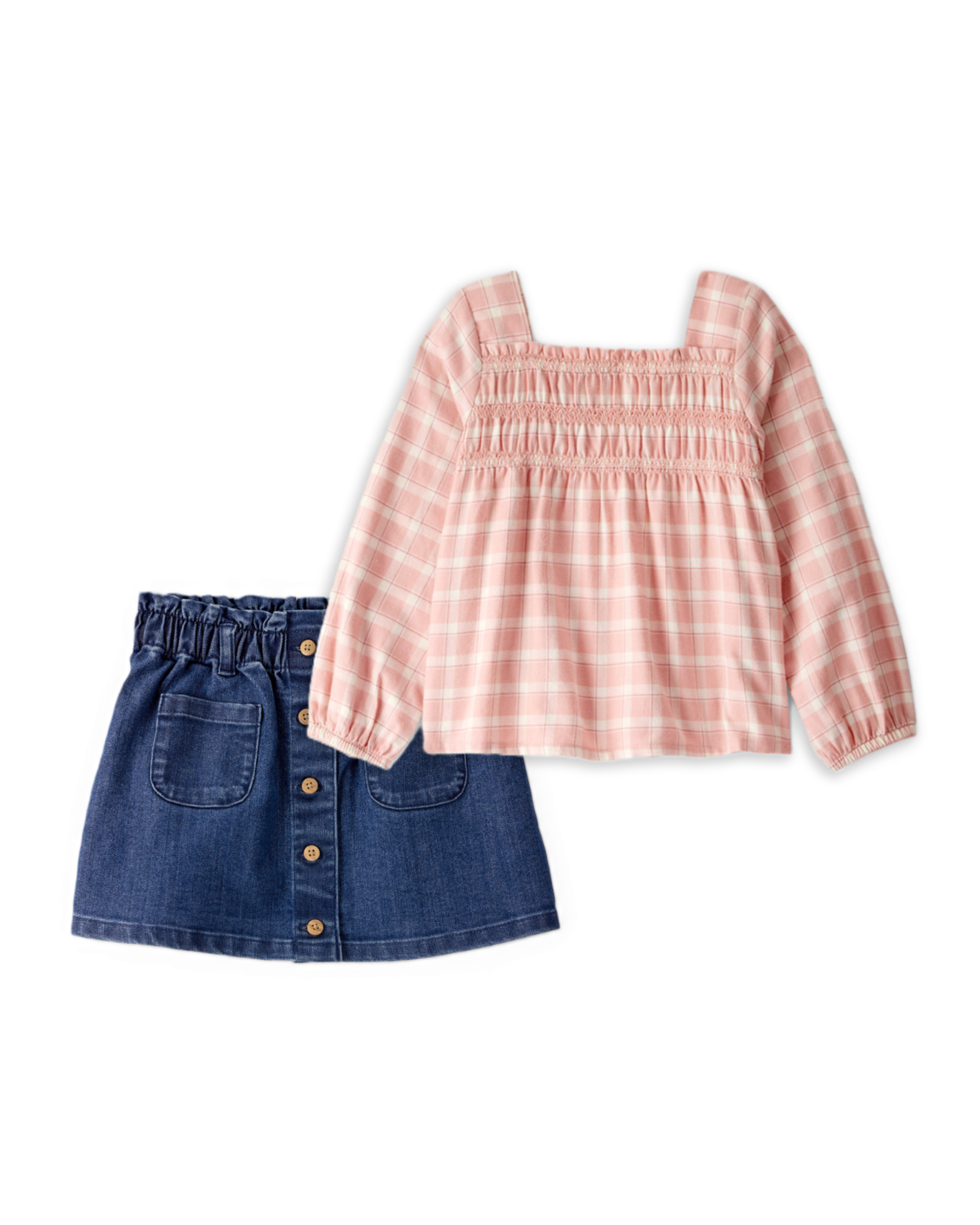 Toddler Girl 2-Piece Plaid Long-Sleeve Top & Denim Button-Front Skirt Set - Multi