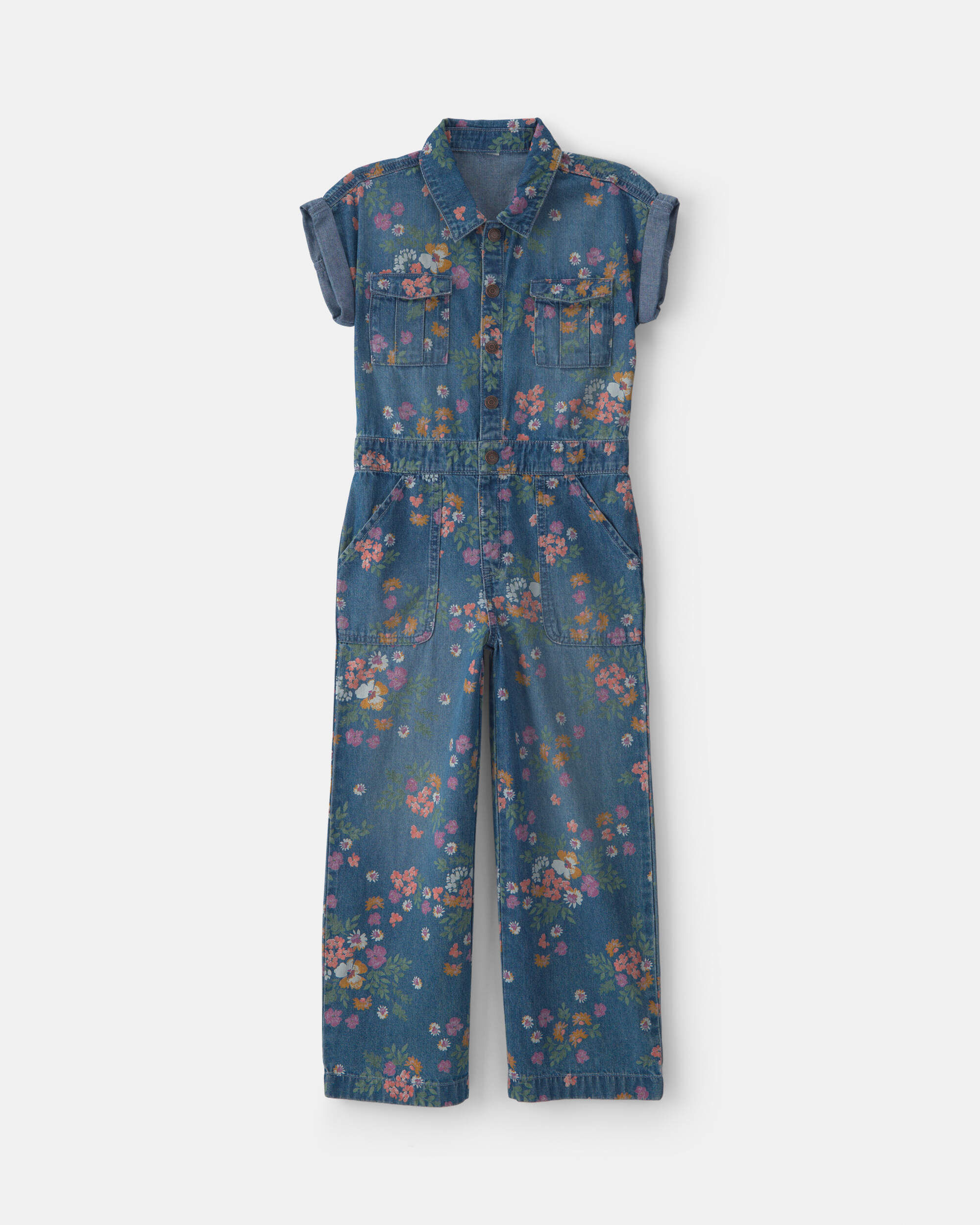 OshKosh Bgosh Girls Floral Denim Short-Sleeve Jumpsuit - Dark Wash 10 Dark Wash 56$
