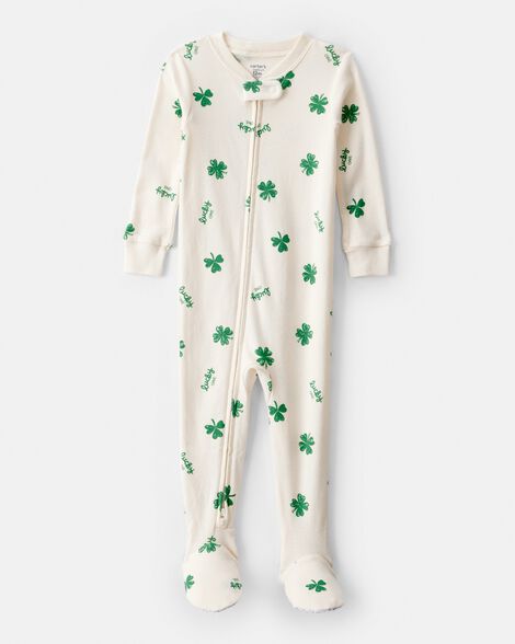 baby st. patrick's day 100% cotton loose fit 2-way zip footie 1-piece pajamas - ivory