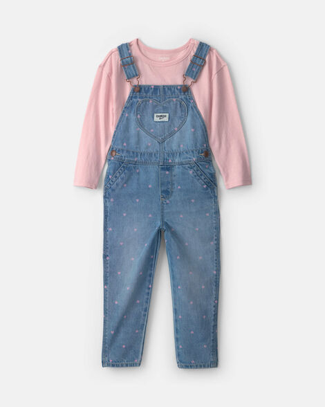 Toddler Girl 2-Piece Heart Denim Overall Set - Blue/Pink
