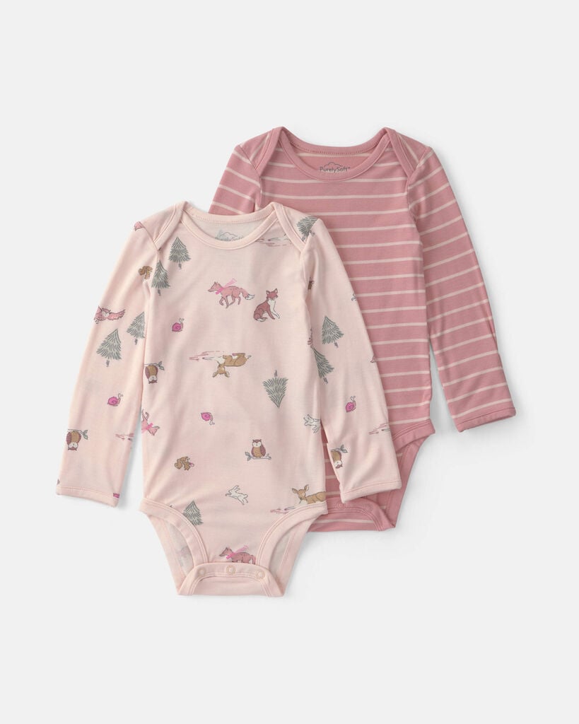 Carter's baby girl 2-pack woodland purelysoft™ long-sleeve multipack bodysuits 12M Pink