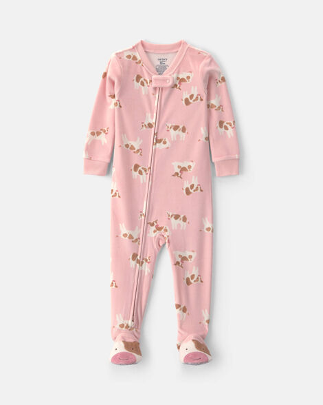 toddler girl 1-piece cow dreamplush snug fit footed pajama - pink