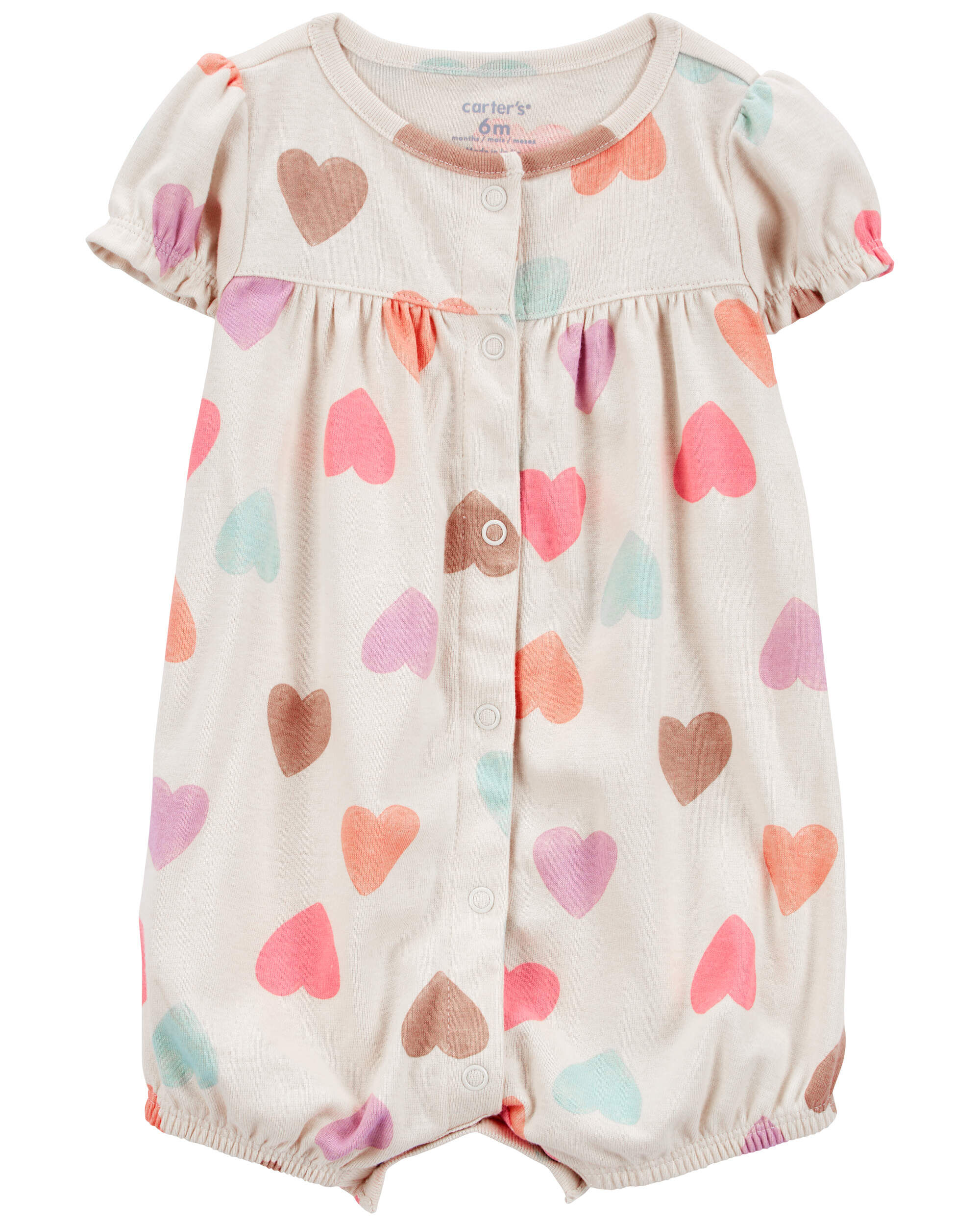 Baby Girl Heart Print Ribbed Short-Sleeve Romper - Tan