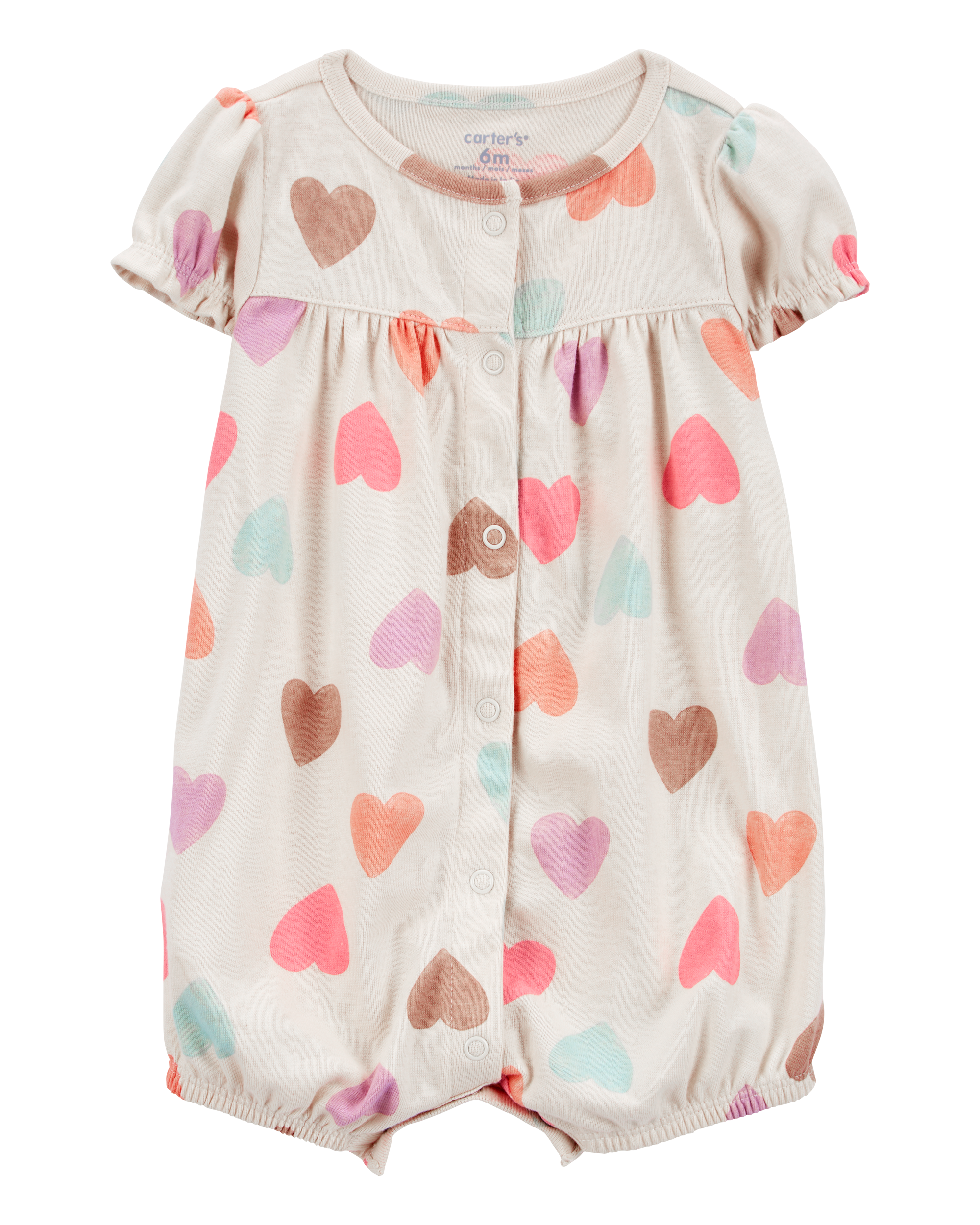 Baby Girl Heart Print Ribbed Short-Sleeve Romper - Tan