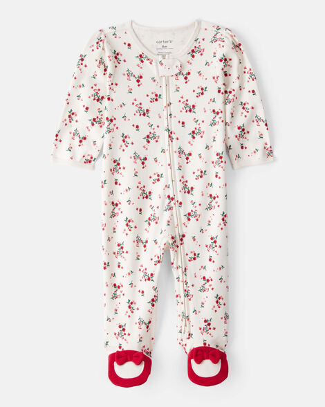 baby girl bow floral print 100% cotton sleep & play pajamas - white/red