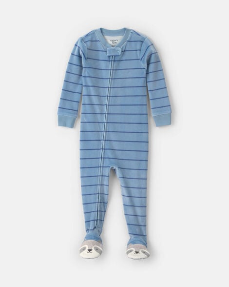 toddler boy 1-piece striped raccoon dreamplush snug fit footed pajama - blue