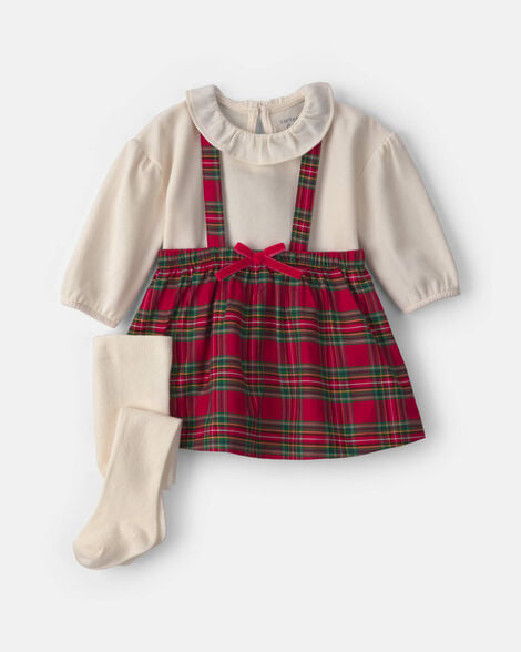 baby girl 3-piece plaid christmas long-sleeve dress set - red/cream
