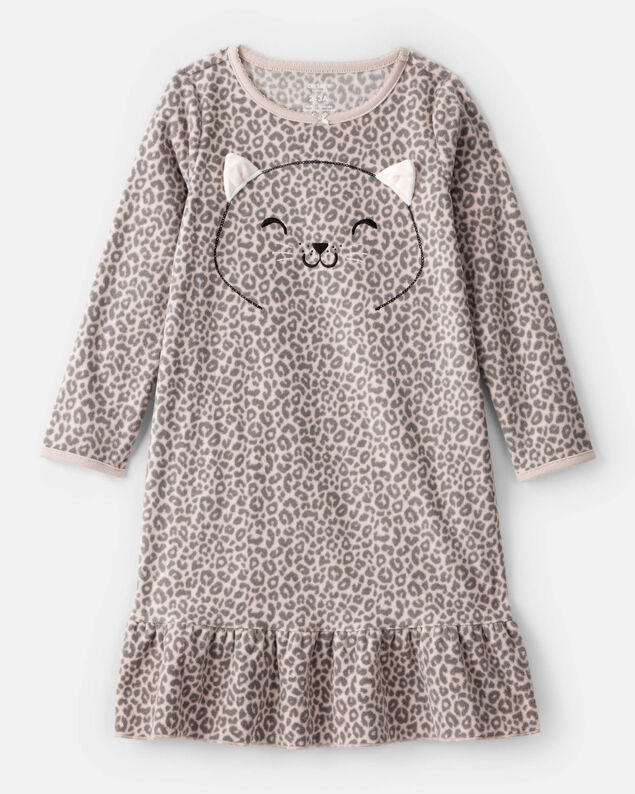 Product image 1 of Girls Leopard Print Fleece Long-Sleeve Loose Fit Night Gown - Brown