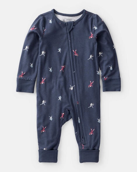 baby boy football print purelysoft long-sleeve sleep & play pajamas - blue