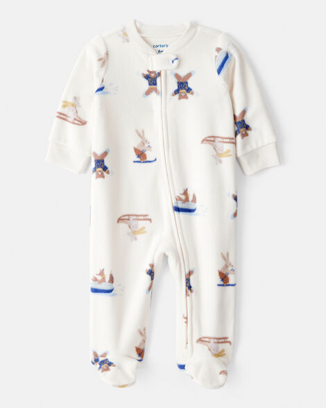 baby boy animal ski print loose fit long-sleeve sleep & play pajamas - cream