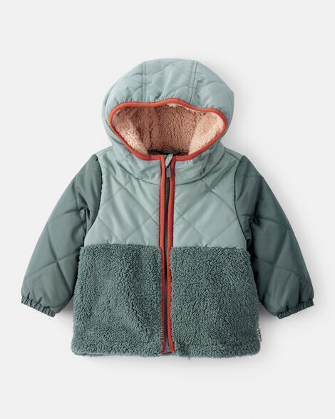 baby boy long-sleeve midweight quilted sherpa jacket - green