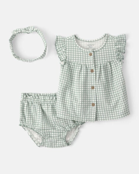 baby girl 3-piece gingham top & short set - green